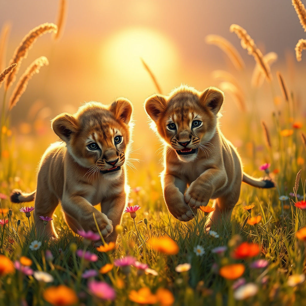 Lion Cubs Play in Meadow at Dawn