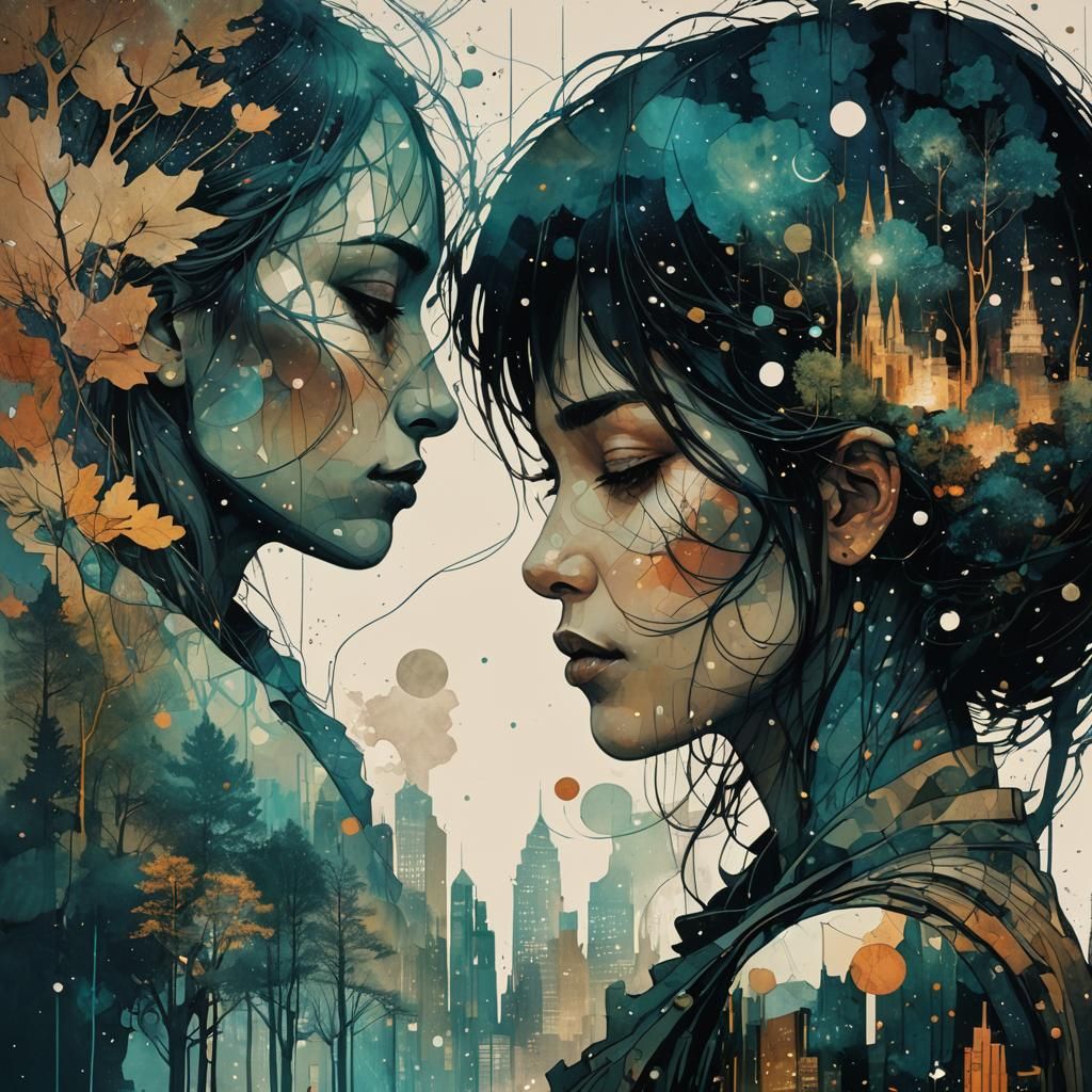 Galactic Embrace: Double Exposure Silhouette