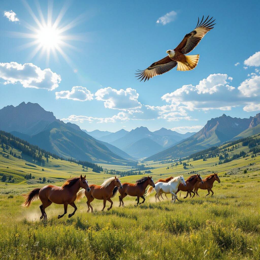 Wild Horses Gallop Through Mountain Fields Under Bright Sun