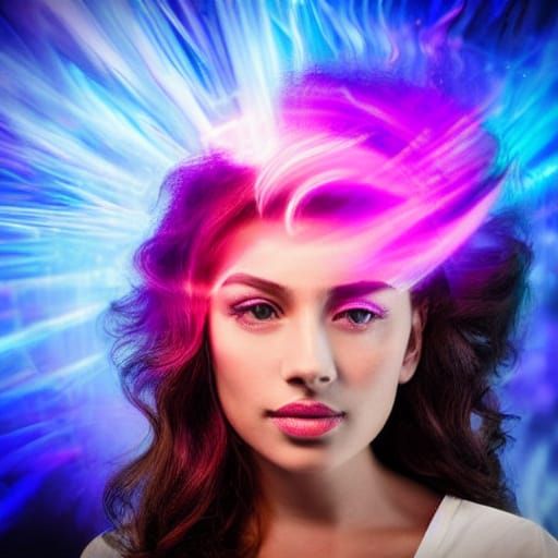 Surreal Woman Ensnared by Swirling Purple Lights