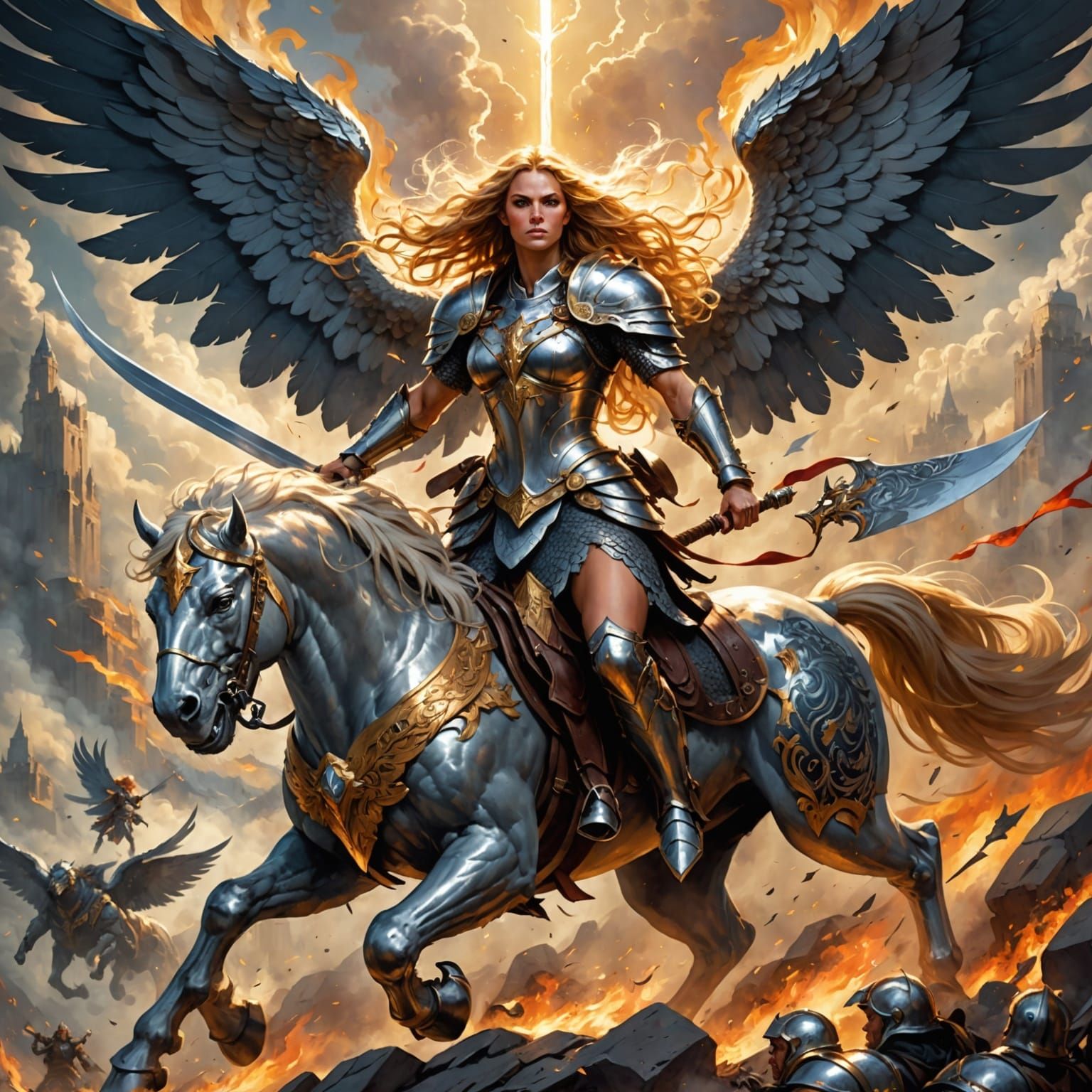 Valkyrie on Griffin Soaring Above Battlefield
