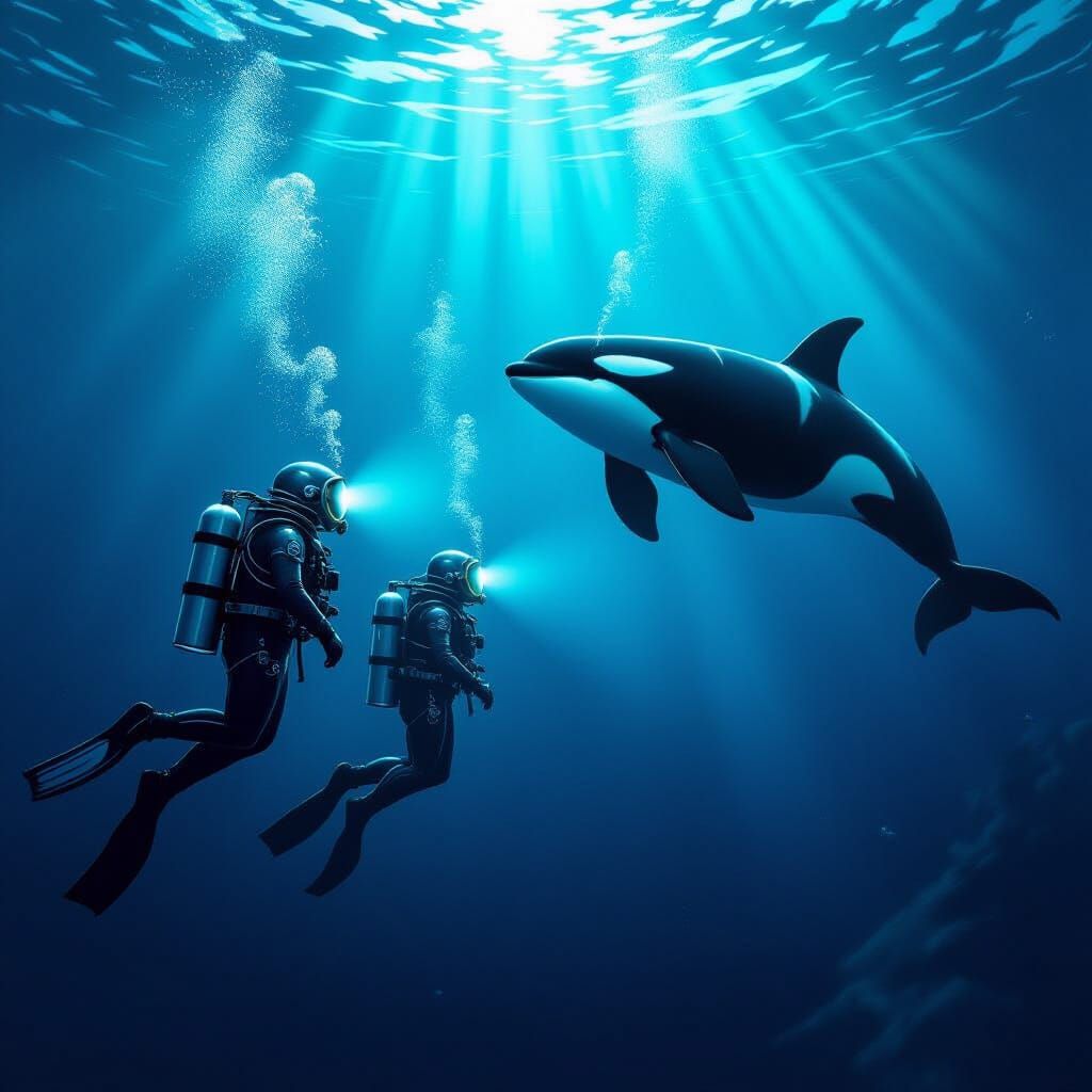 Divers Explore Ocean Depths With Killer Whale in Digital Mat...
