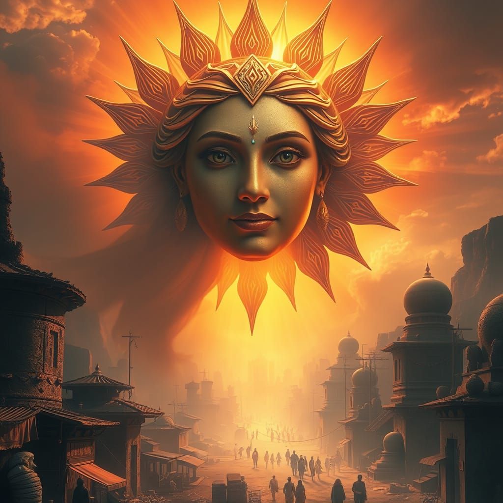 Radiant Sun Goddess over Mystical Ancient City