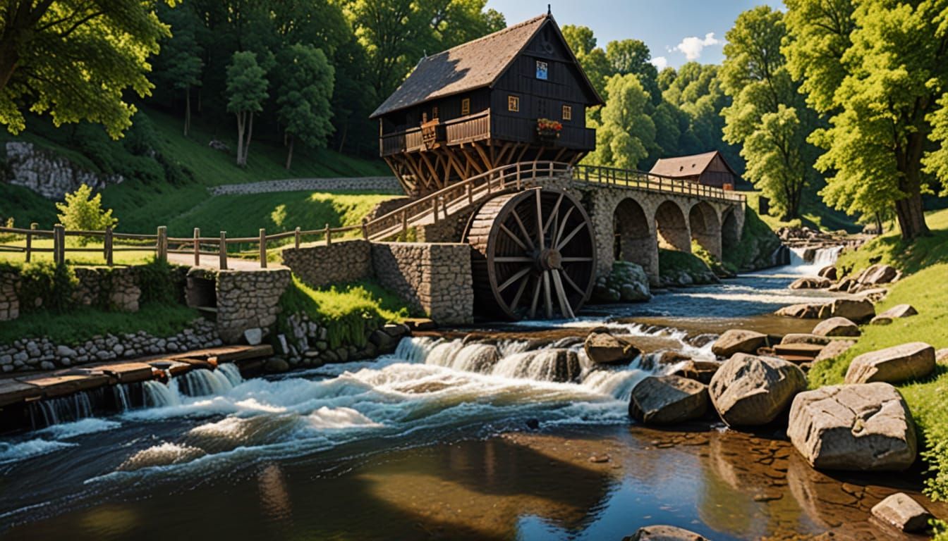 Medieval Stone Bridge with Waterwheel Over a Rushing River
