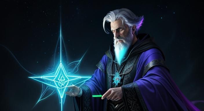 Handsome Wizard Casting Arcane Symbols in Neon Fractals