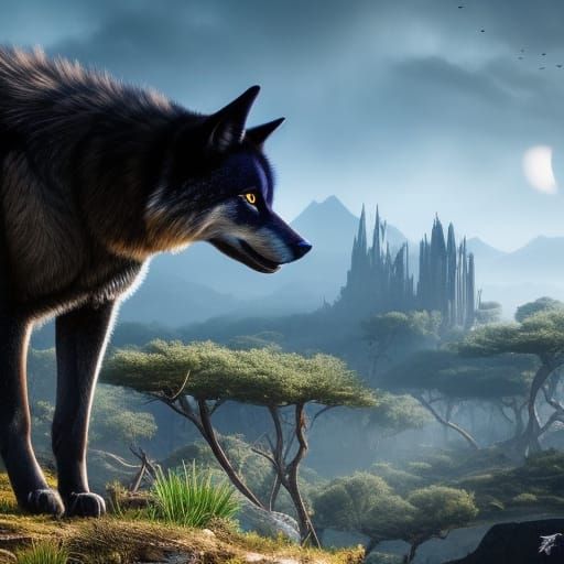 Scarred Black Wolf in Plains: Fantasy Concept Art
