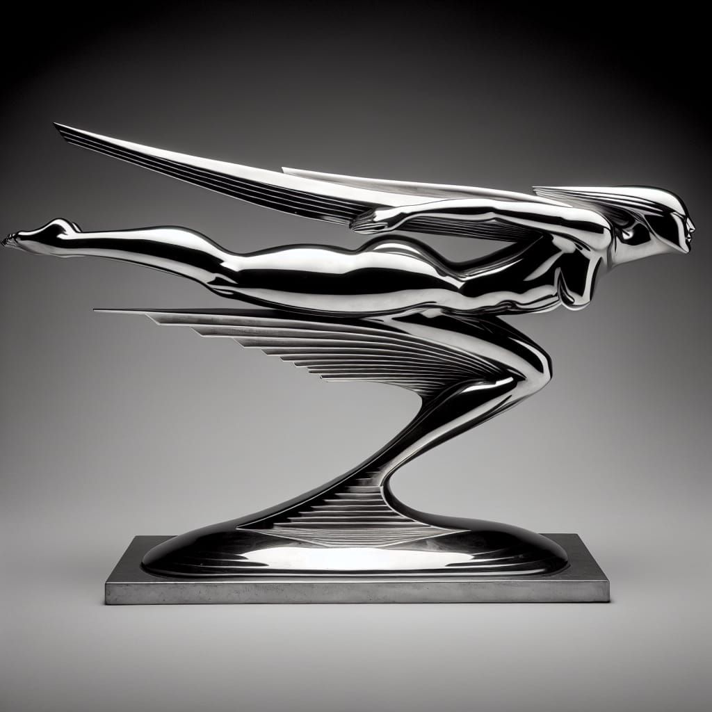 Abstract Chrome Statue of Flying Woman in Art Deco Style