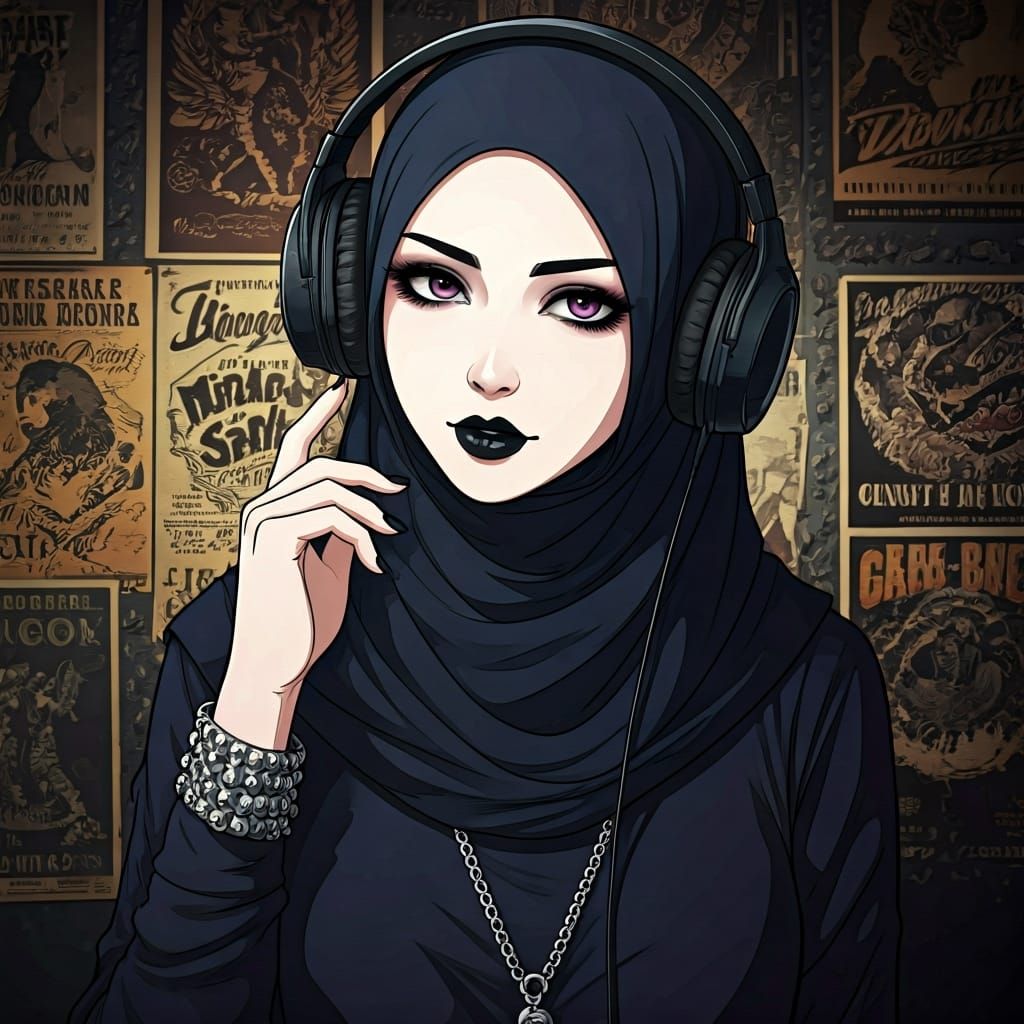 Goth Girl in Hijab: Cel-Shaded Manga Style