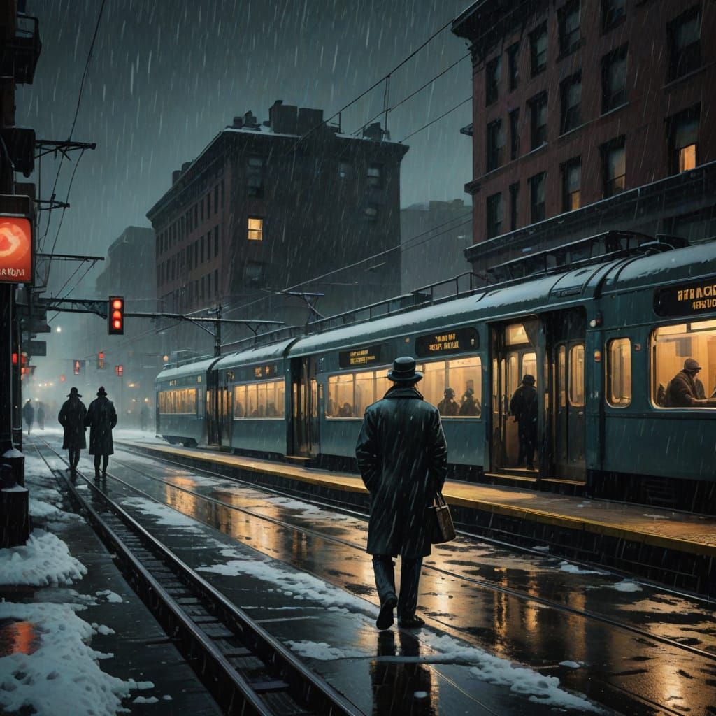 Chicago L Train Blizzard Night in Edward Hopper Style
