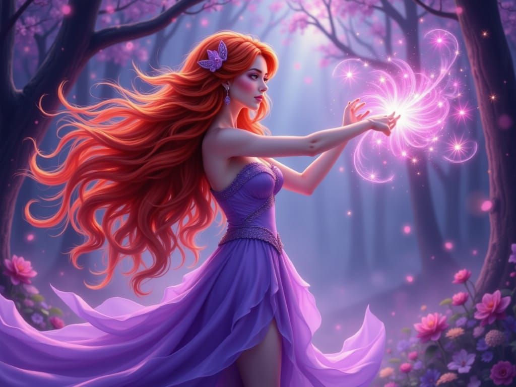 Sorceress Casting Spell with Lavender Aura in Ethereal Celes...