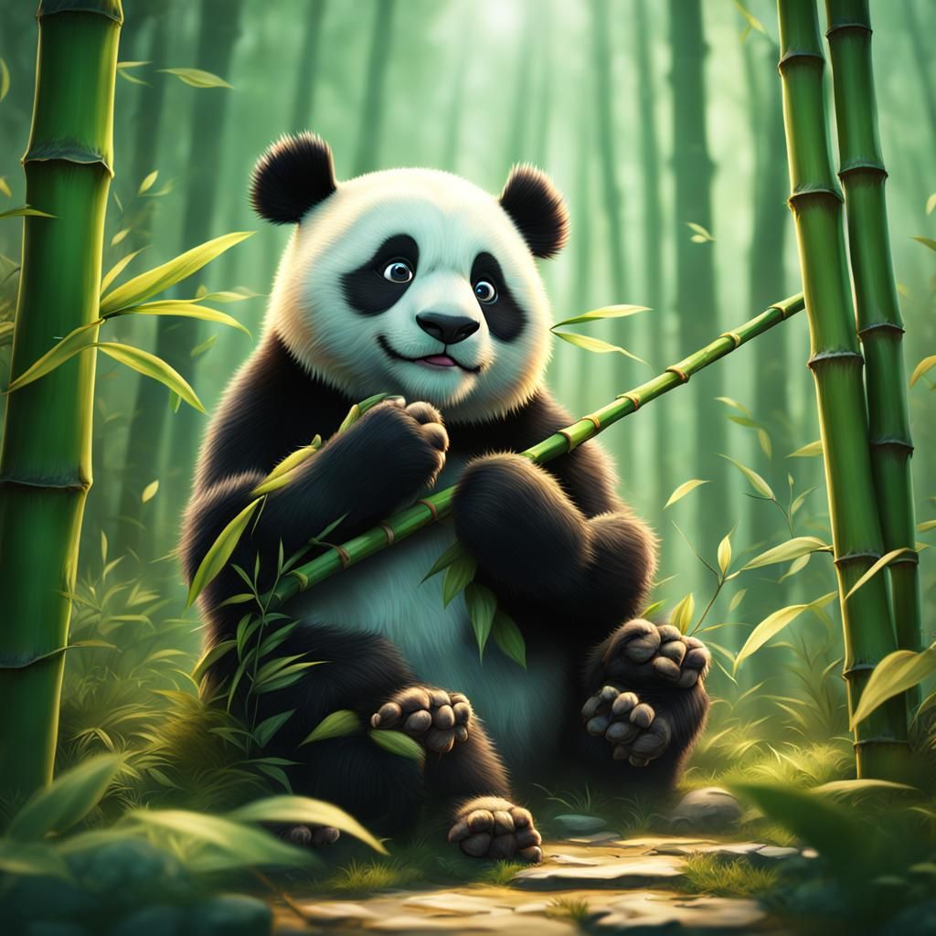 Cute Panda Eating Bamboo in Detailed Digital Painting