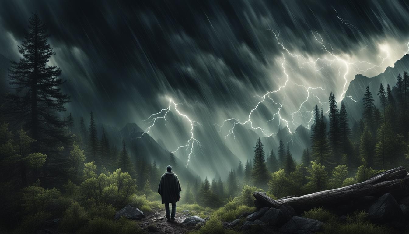 Dreamlike Hiker Follows Figure in Stormy Forest