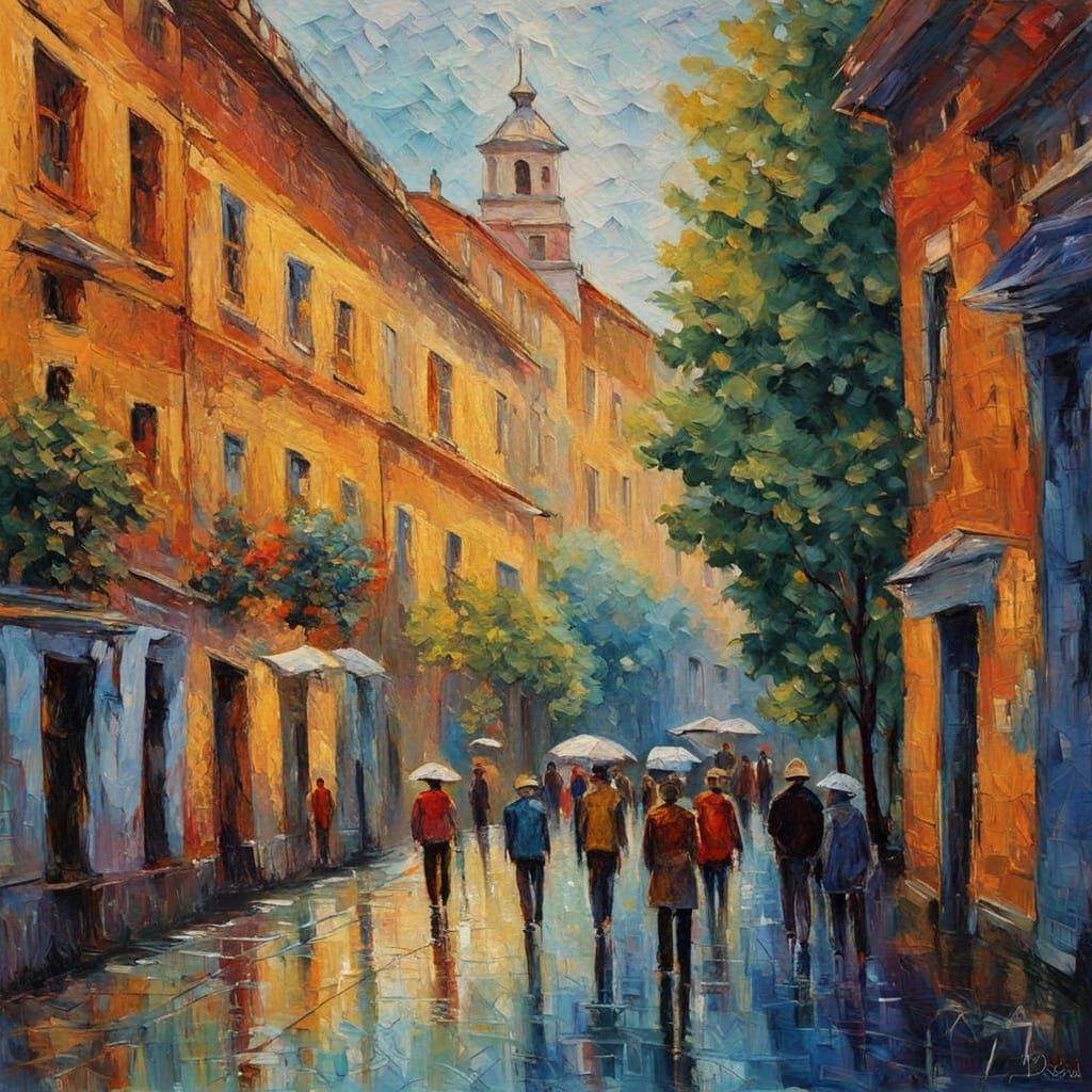 Vibrant Szeged Street Scene in Impasto Oil Painting Style