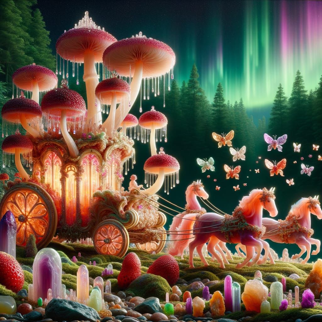 Fungal Royal Carriage in Mystical Forest, Art Nouveau
