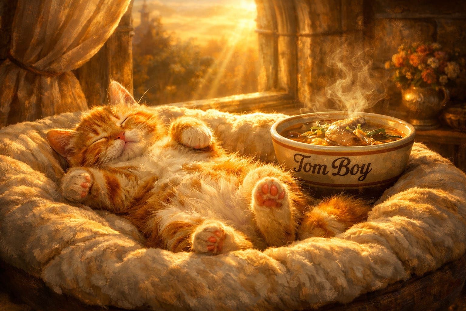 Orange Tabby Kitten Sleeping in Sunlit Bed