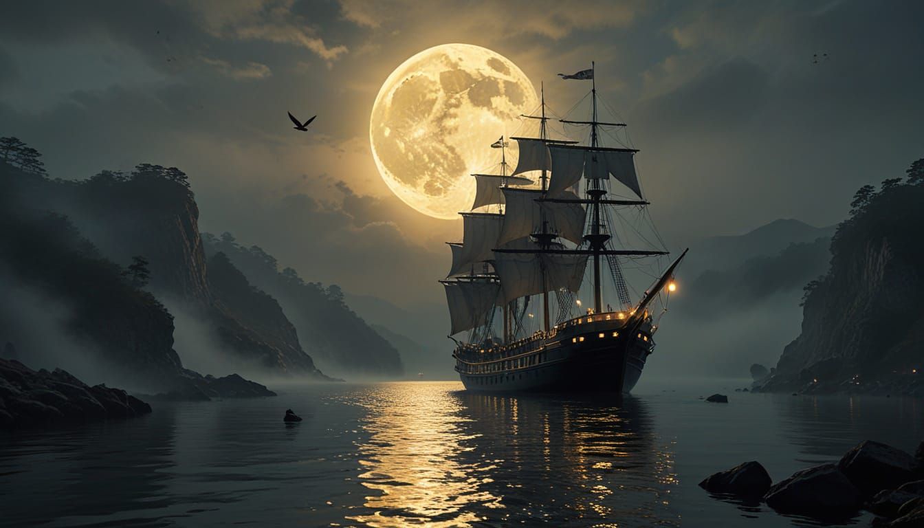 Vintage Steamship Voyage Under a Full Moon