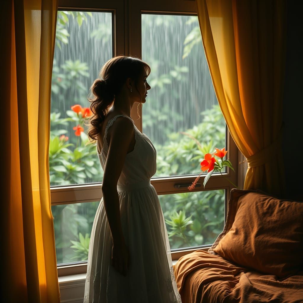 Tranquil Woman in a Rainy Garden, Soft Light and Book Corner
