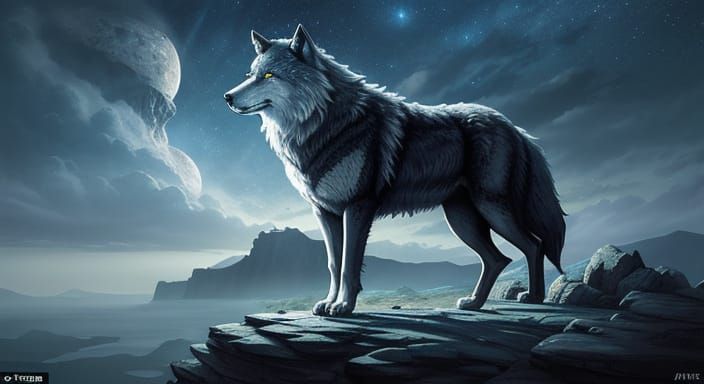 Majestic Wolf King on Cliff Under Moonlit Sky