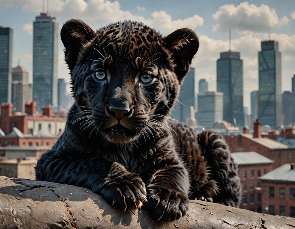 Black Jaguar Cub in Futuristic Industrial Cityscape