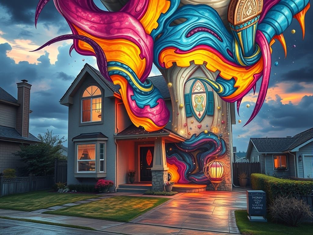 Magic Tornado Transforms Suburban Home, Hyperrealistic Splas...