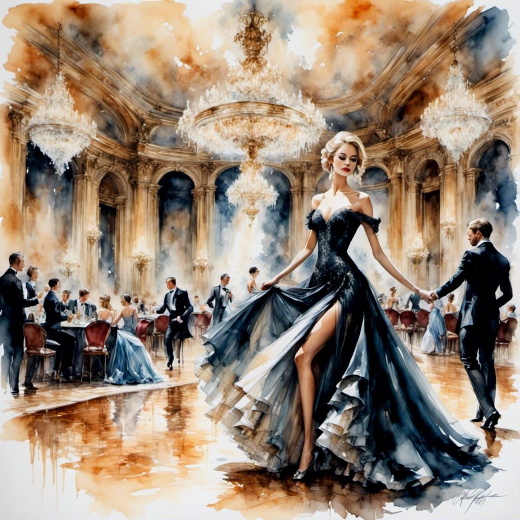 Elegant Woman Waltzes in Sumptuous Ballroom, Watercolor Styl...
