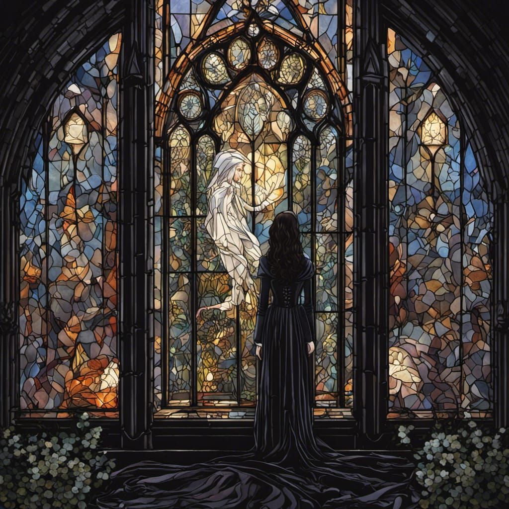 Stained Glass Gothic Window with Shadow Figure