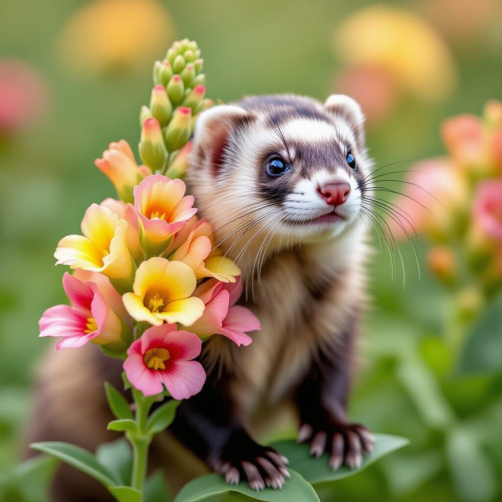 Snapdragon Ferret (Snapdragon + Ferret)
A playful ferret whose back blooms with snapdragon flowers in a gradient of pink...