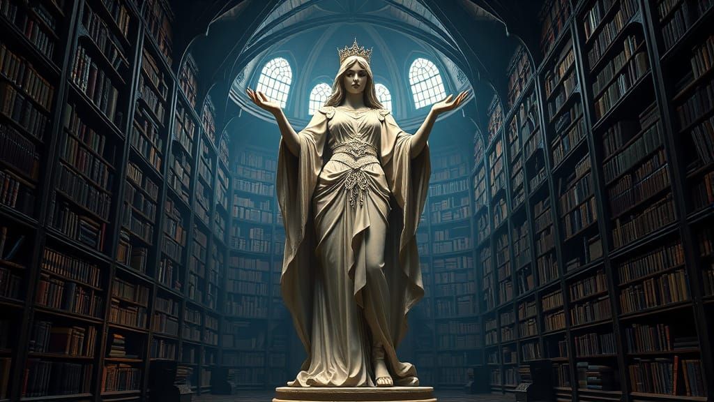 Intricately Carved Sorceress Statue in Abandoned Dark Fantas...