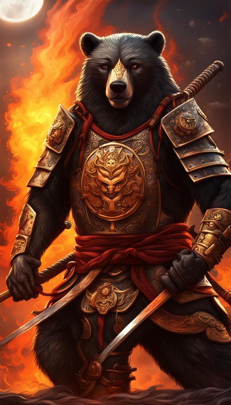 Armored Samurai Bear Ninja with Fire Effects