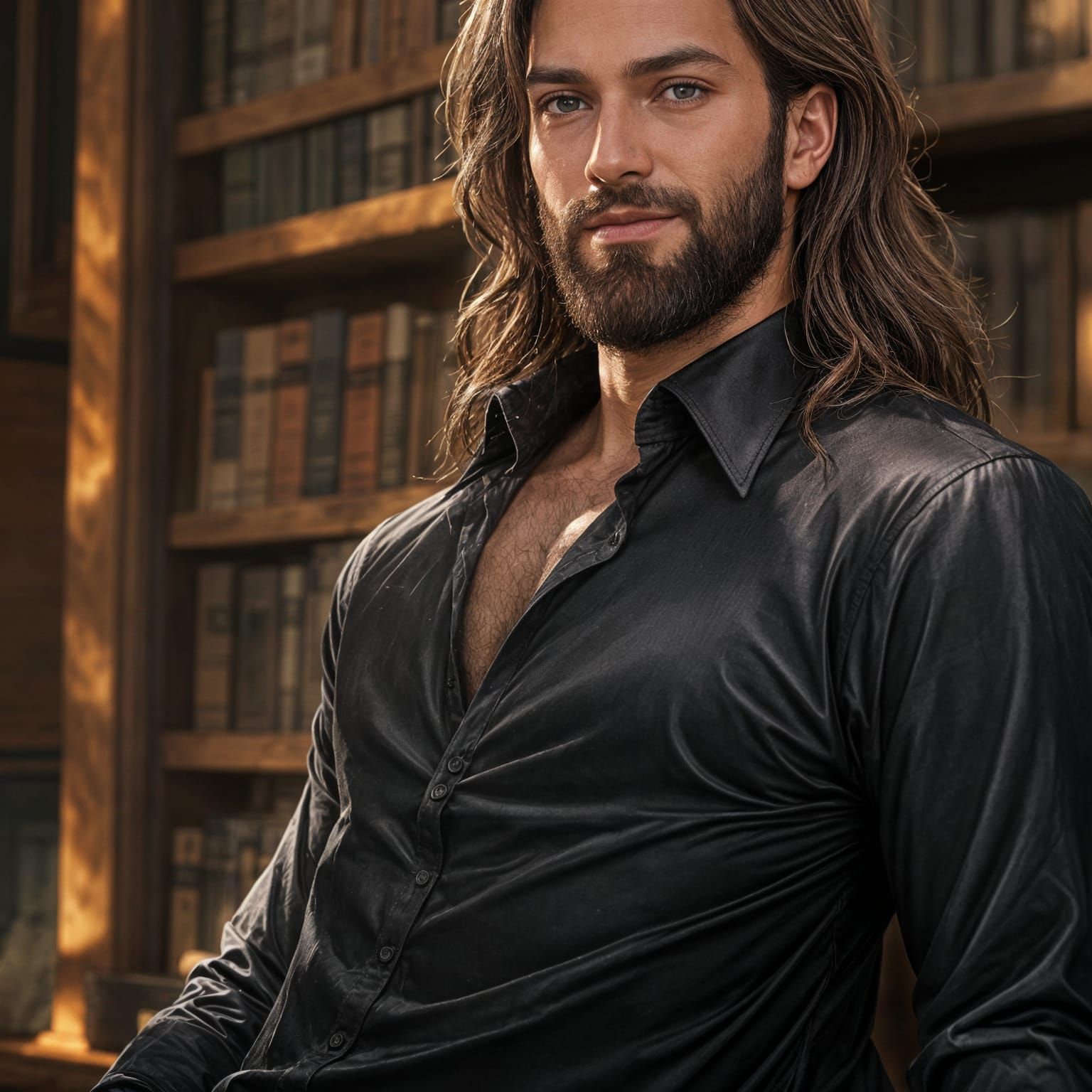 Gentle Green Eyed Man in Black Silk Shirt