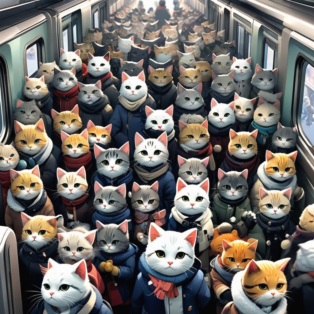 Anthropomorphic Cats in Anime Style on Crowded Train