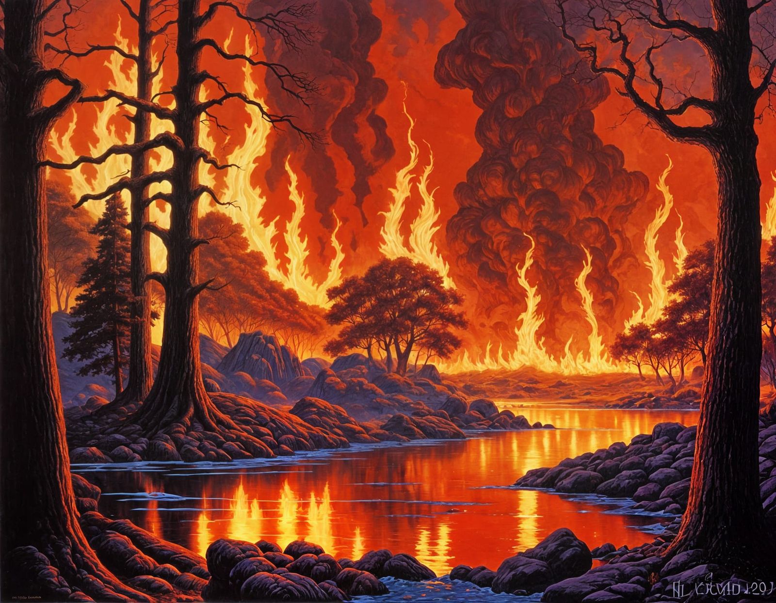 Fantasy Forest Fire in 80s Style