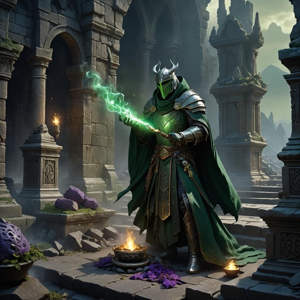 Dragonborn Cleric Casting Spell in Dark Ruins