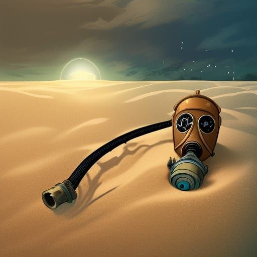 Futuristic Gas Mask in Sand, Anime Art Style