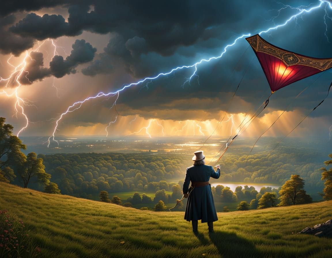 Franklin's Kite Experiment in Stormy Landscape
