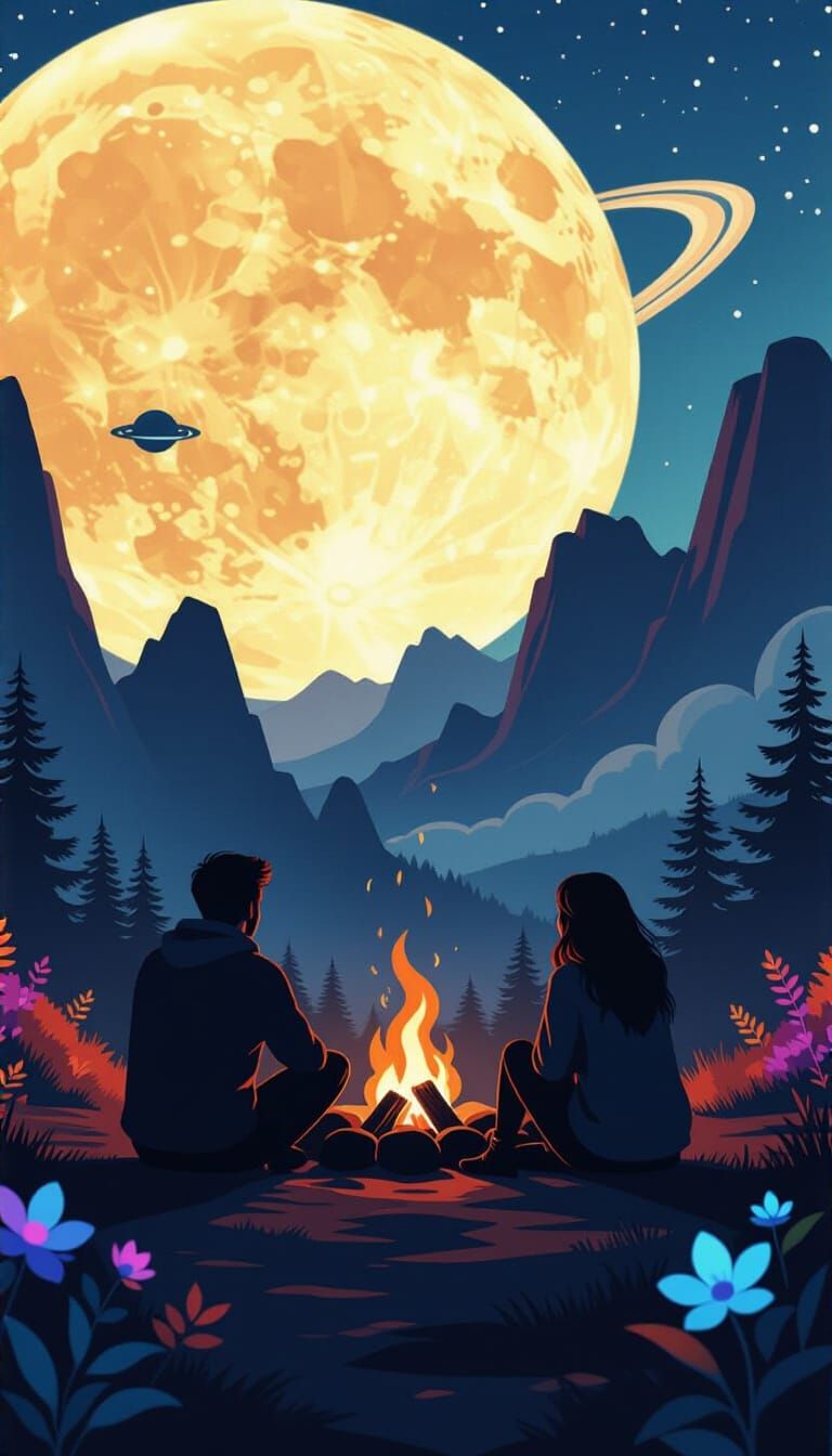 Couple Stargazing on Alien Planet in Matte Painting Style