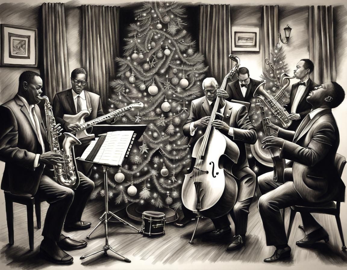 Festive Jazz Quintet in Charcoal Drawing