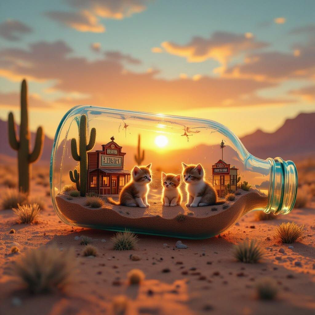 Miniature Kitten Town in Glass Bottle, Digital Art