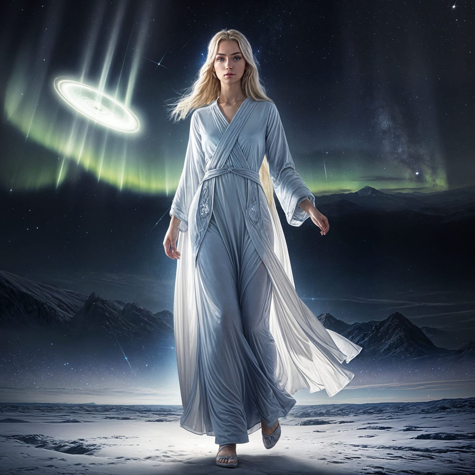 Pleiadian Encounter Under Starlit Sky: Dreamlike Realism