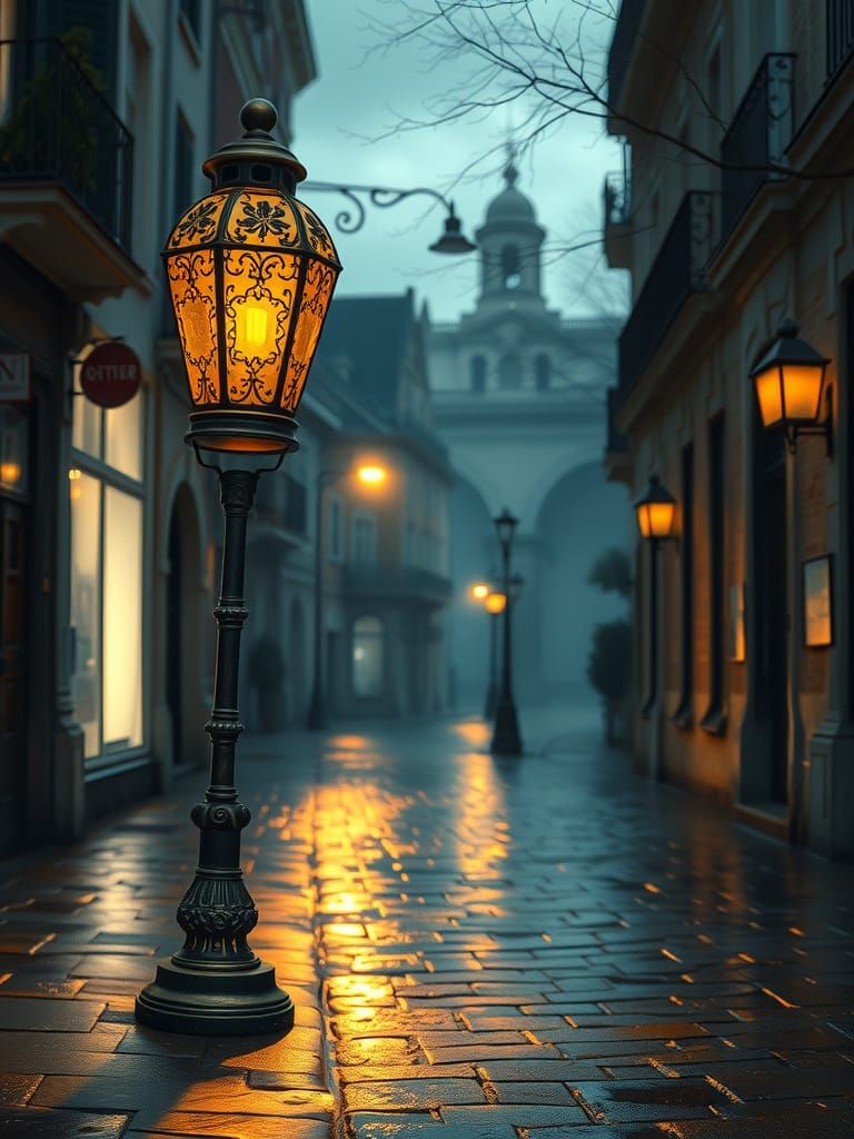 Ornate Brass Lantern Glows on Rainy Cobblestone Street