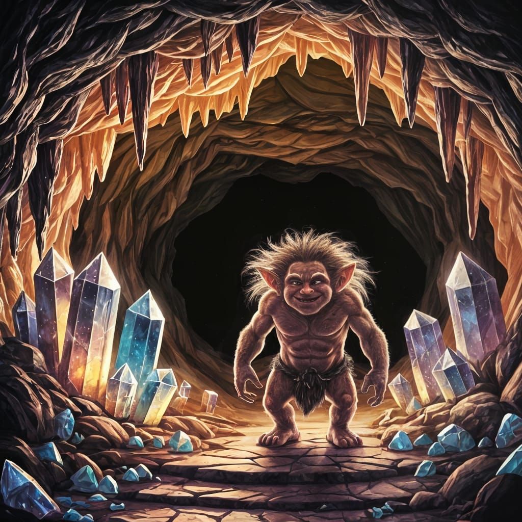 A fantasy scene with a group of trolls guarding a cave full of glowing crystals and secrets.