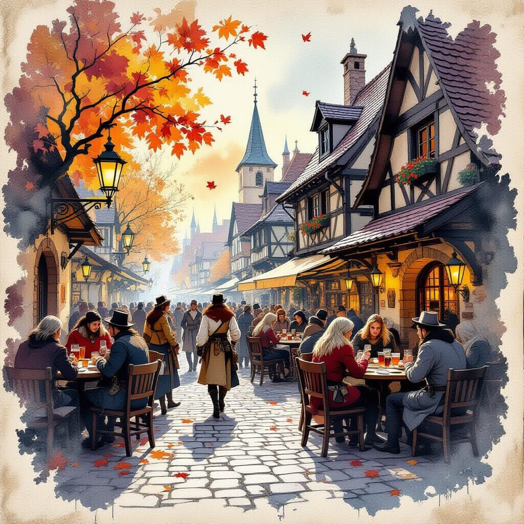Medieval Tavern Scene with Autumn Double Exposure