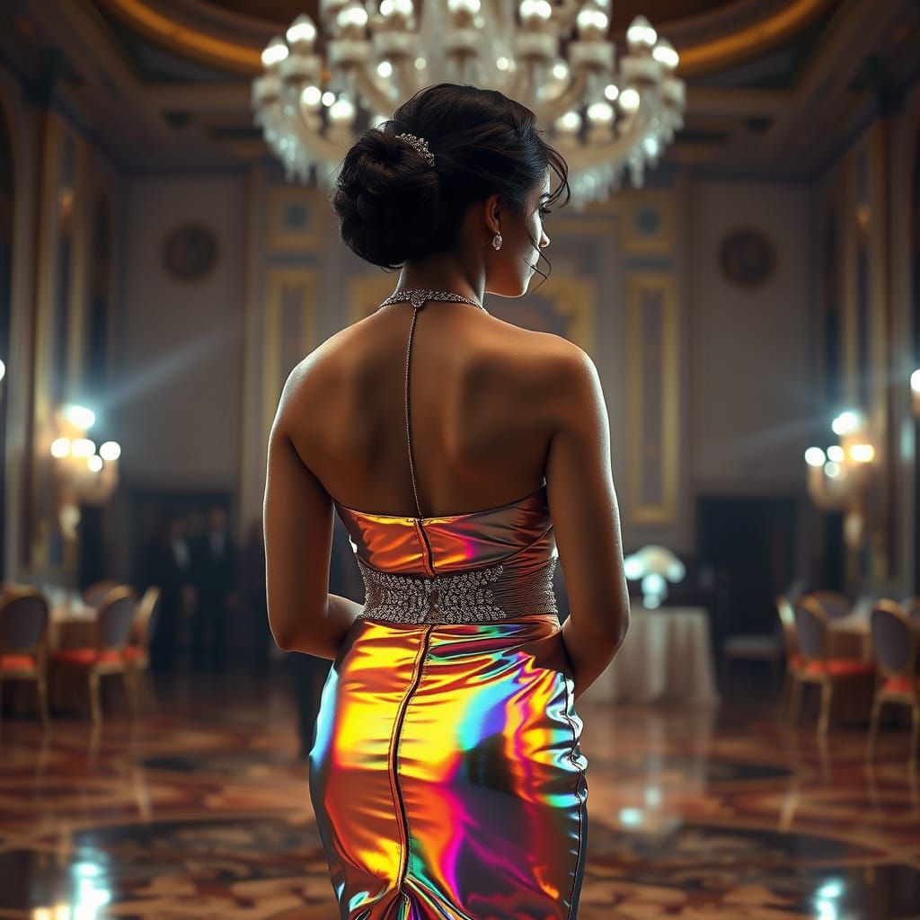 Elegant Woman in Iridescent Gown Poses in Grand Ballroom