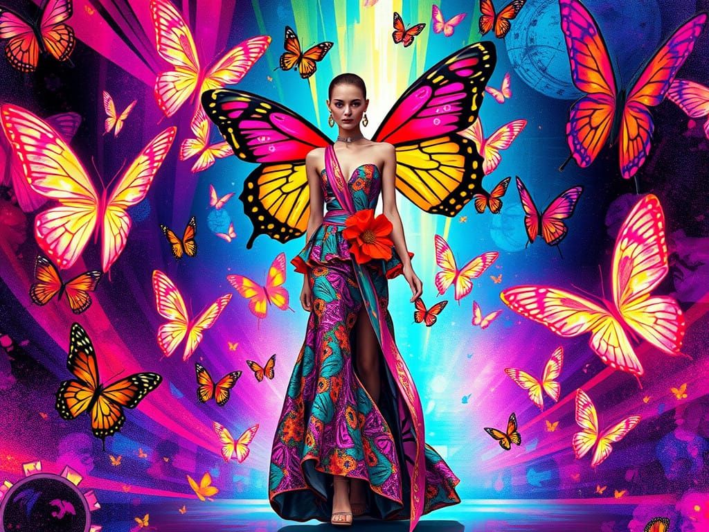Vibrant Pop Art Fashion Scene with Neon Butterflies and Ange...