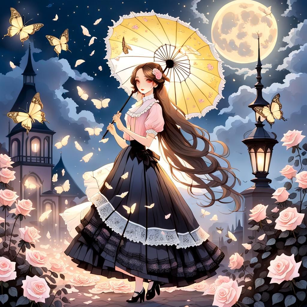 Enchanted Garden Scene with Woman and Parasol