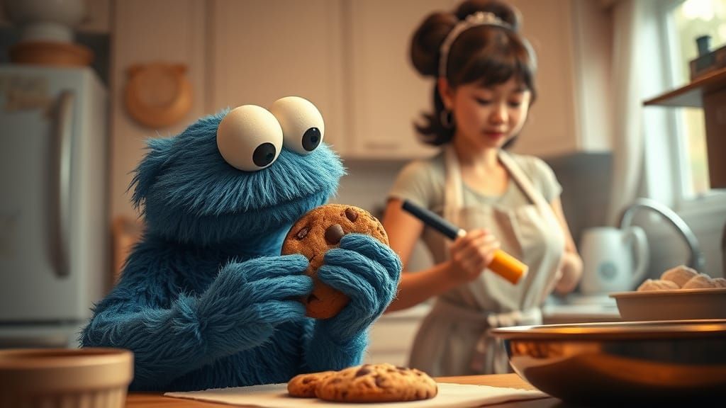 Exhausted Cookie Monster Holds Warm Cookie, Surrounded by Me...