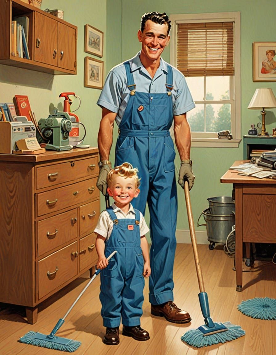 Mid-Century Janitor and Child with Toy Mop Illustration