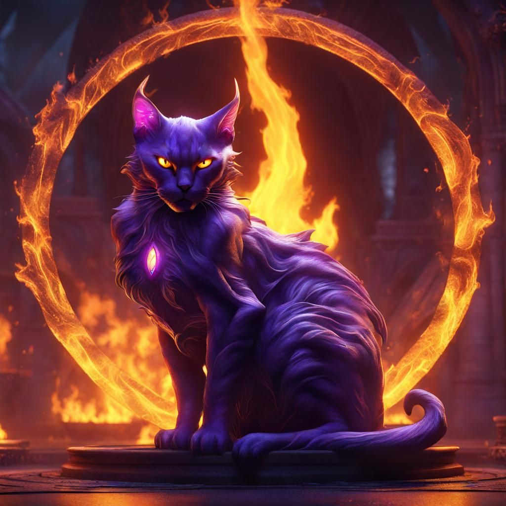 Demonic Cat in Circle of Fire: Dark Fantasy Art