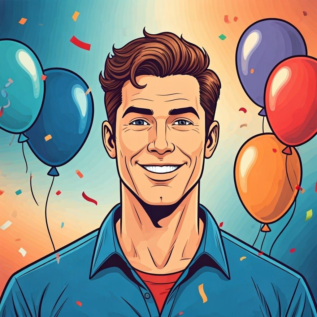 Smiling Man Surrounded by Confetti: Pop Art Illustration