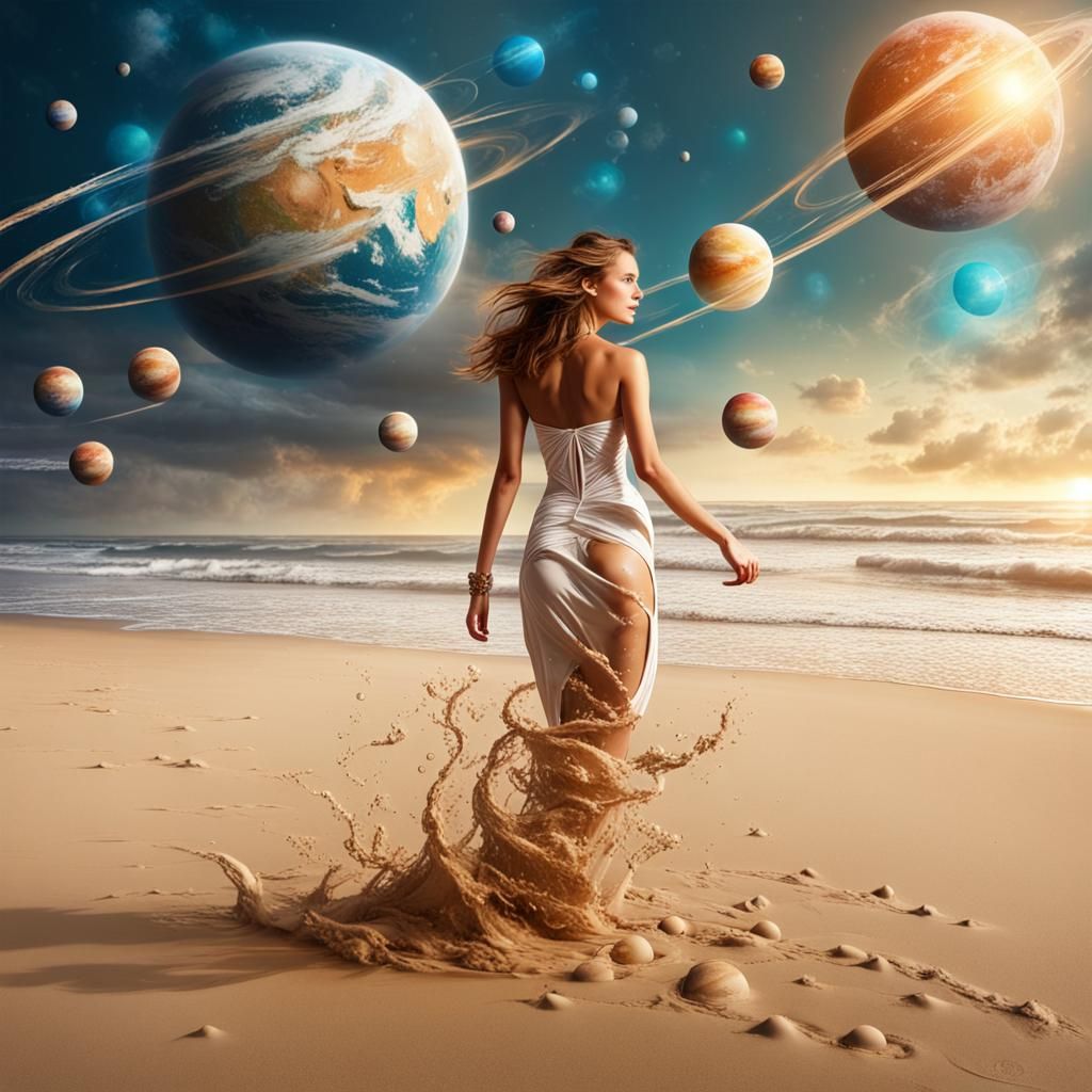 Woman on Beach with Planets: Splash Art